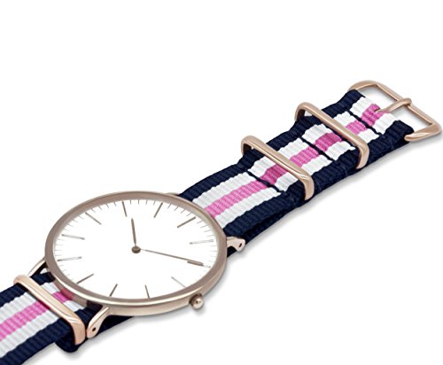 MOMENTO Correa de Reloj de Zulu Nailon para Mujer y Hombre con Hebilla de Acero Inoxidable en Dorado Rose y Tela de Rayas en Azul Blanco Rosa - 20mm