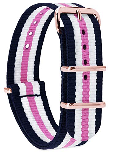 MOMENTO Correa de Reloj de Zulu Nailon para Mujer y Hombre con Hebilla de Acero Inoxidable en Dorado Rose y Tela de Rayas en Azul Blanco Rosa - 20mm