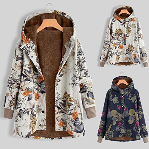 MOMOXI Talla Extra Women Winter Warm Impreso Bolsillos Más Gruesa Cremallera Abrigo con Capucha Desgastar Floral Bolsillos con Capucha de Impresión Caliente Sudadera