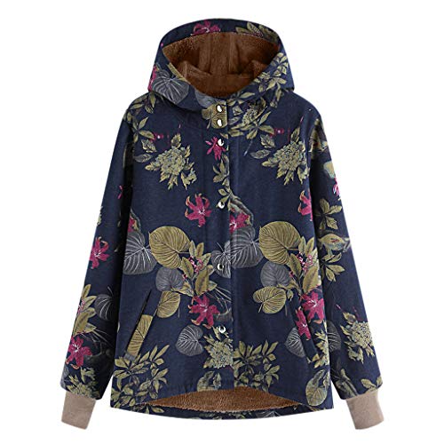 MOMOXI Talla Extra Women Winter Warm Impreso Bolsillos Más Gruesa Cremallera Abrigo con Capucha Desgastar Floral Bolsillos con Capucha de Impresión Caliente Sudadera