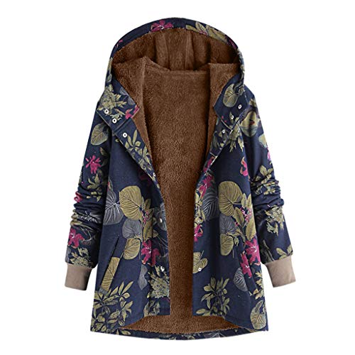 MOMOXI Talla Extra Women Winter Warm Impreso Bolsillos Más Gruesa Cremallera Abrigo con Capucha Desgastar Floral Bolsillos con Capucha de Impresión Caliente Sudadera