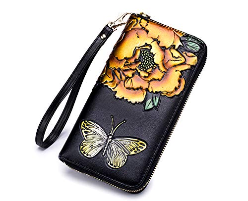 Monederos Carteras para Mujeres Billetera Grande Piel Genuina Regalos Originales Moderna Chica Señora para Teléfono Movil Tarjetero De Cuero Delgada (Oro)