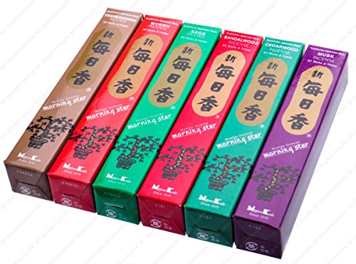 Morning Star - Varillas de incienso japonesas con aroma a madera de arena, 6 cajas de 50 varillas (salvia, sándalo, madera de cedro, almizcle, incienso y mirra)
