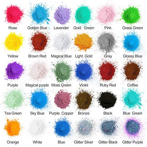 MOSUO Pigmentos en Polvo, 5g*30 Colores Natural Mica Tintes para teñir Resina Epoxi, Jabones, Slime, Cera, Pintura, Vela, Uñas, Cosmético y Arte de Bricolaje - Metalizados Colorante