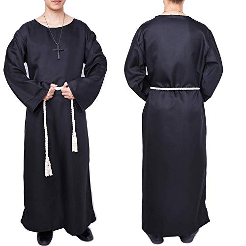 Much Green Monje Sacerdote Túnica de Robe para Medieval Renacimiento Trajes de Vampiros,Disfraz de Gótico cosplay con Cruz para Halloween Carnaval Disfraces con Capucha para Hombre(Negro,XL)