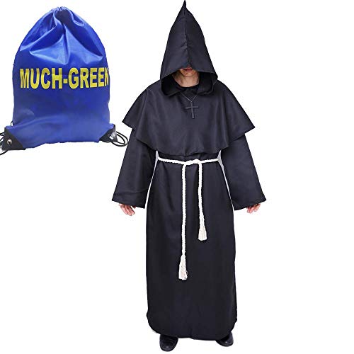 Much Green Monje Sacerdote Túnica de Robe para Medieval Renacimiento Trajes de Vampiros,Disfraz de Gótico cosplay con Cruz para Halloween Carnaval Disfraces con Capucha para Hombre(Negro,XL)