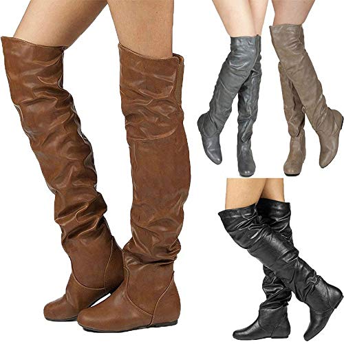 Mujer Botas sobre la Rodilla, Manga elástica de moda sexy, Botas sobre la rodilla hasta el muslo de cuero elástico de PU, Botas de tacón plano de moda de invierno, Botas altas,Marrón,38EU/5UK
