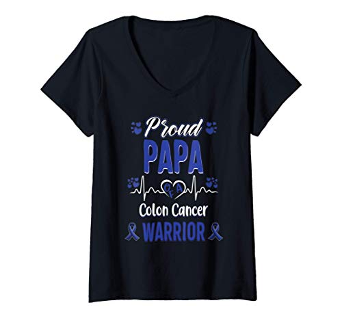 Mujer proud Papa Colon cancer warrior awareness ribbon Blue Camiseta Cuello V