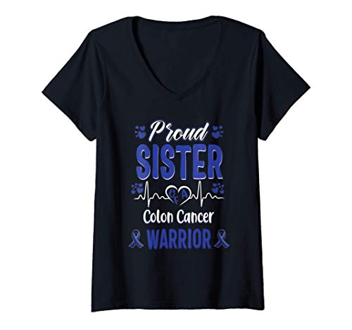 Mujer proud sister Colon cancer warrior awareness ribbon Blue Camiseta Cuello V