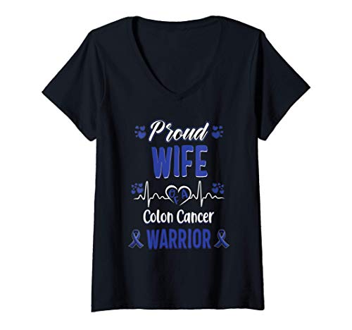 Mujer proud Wife Colon cancer warrior awareness ribbon Blue Camiseta Cuello V