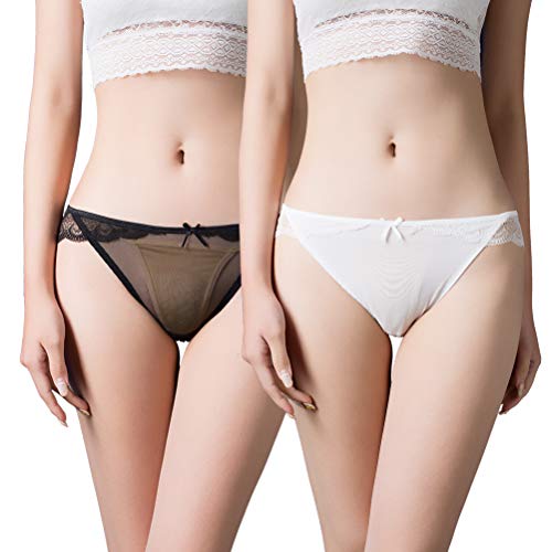 Mujer Sexy Bragas Encaje Briefs Ropa Interior Pavo Real Pattern Transparente Bikini Lencería 2 Paquete Negro Blanco M