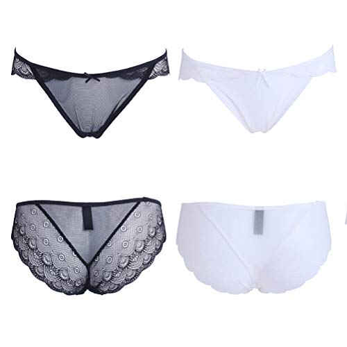 Mujer Sexy Bragas Encaje Briefs Ropa Interior Pavo Real Pattern Transparente Bikini Lencería 2 Paquete Negro Blanco M