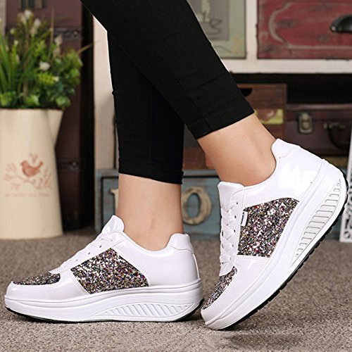 Mujer Zapatillas de Deporte Cuña Zapatos para Caminar Aptitud Plataforma Sneakers con Cordones Calzado de Tacón 4cm Blanco EU 40