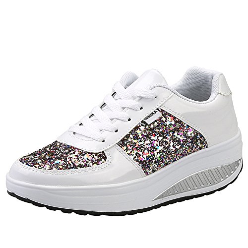 Mujer Zapatillas de Deporte Cuña Zapatos para Caminar Aptitud Plataforma Sneakers con Cordones Calzado de Tacón 4cm Blanco EU 40
