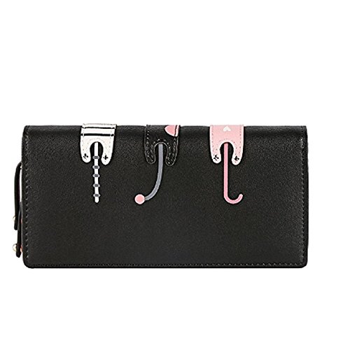 Mujeres Monedero del Embrague Largo Cremallera de la PU del Cuero Carteras Lindo Gato Billetera para niñas por Kfnire (Negro)