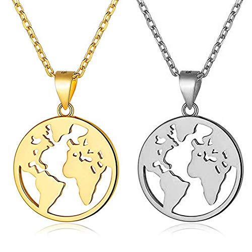 Mundo Colgante Mapa - WENTS 2Pcs Hombres y Mujeres con Cadena Extensible Colgantes Medallas Redondas Hueco Mapa del Mundo Global Colgante Collar Cadena de Clavícula