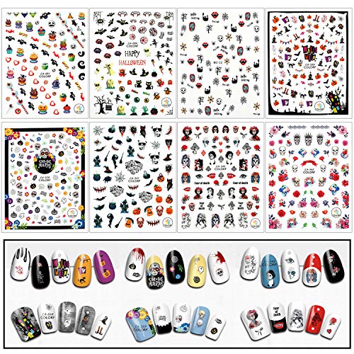MWOOT 8 Hojas Halloween Pegatinas Uñas,3D Pegatinas de Uñas Autoadhesivas, Arte de Uñas Pegatinas Tatuaje para DIY Nail Tips Decoracion