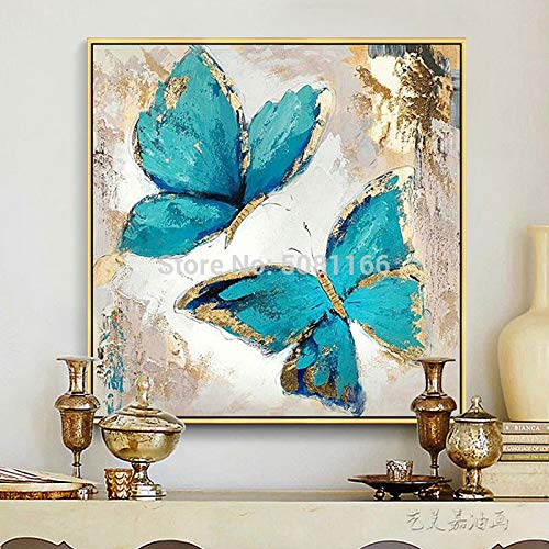 N / A Pintura de la turquesa lona del aceite de la pintura abstracta de la mariposa azul decorativo moderno arte de la pared de la sala de decoración A Frame 40x40cm NO