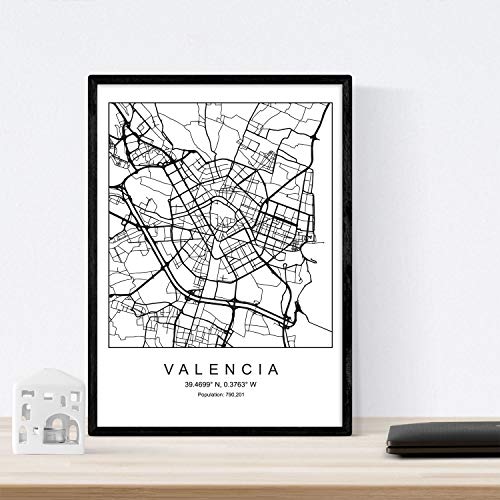 Nacnic Lámina Mapa de la Ciudad Valencia Estilo nordico en Blanco y Negro. Poster tamaño A3 Sin Marco Impreso Papel 250 gr. Cuadros, láminas y Posters para Salon y Dormitorio