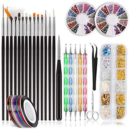 Nail Art Pinceles, Aikvigss 15pcs Pinceles para Uñas, 5pcs de Lápiz de Punto de 2 Extremos, 12 Colores Diamantes de Uñas, 12 Rejillas Decoración de uñas, 10 Rollos de Cintas Adhesivas Uñas para Uñas