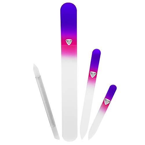 Nail Files 3 Piece Glass Nail Files, Large Pedicure File, Medium Nail File & Small Manicure Nail File, Violet/Magenta Color Effect, Free Manicure Stick for Nail Beauty