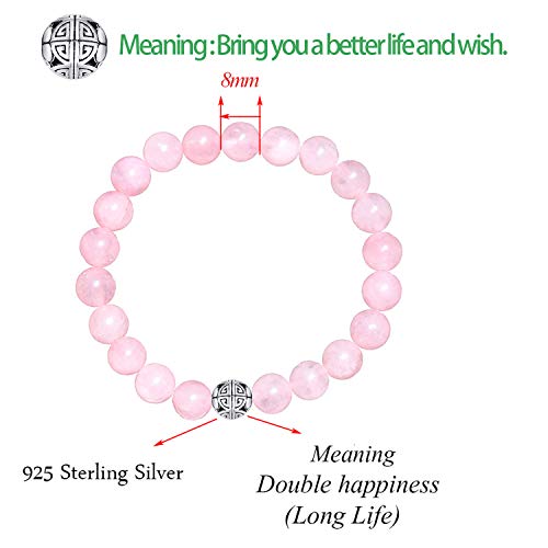Natural 8mm piedras preciosas MetJakt Curación Crystal Stretch moldeado pulsera brazalete con plata de ley 925 doble felicidad colgante (Cuarzo rosa)