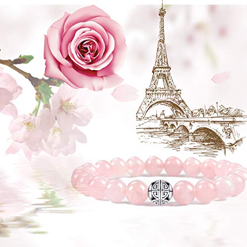 Natural 8mm piedras preciosas MetJakt Curación Crystal Stretch moldeado pulsera brazalete con plata de ley 925 doble felicidad colgante (Cuarzo rosa)