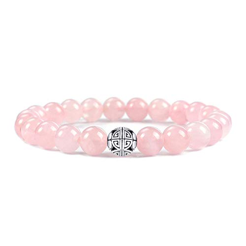 Natural 8mm piedras preciosas MetJakt Curación Crystal Stretch moldeado pulsera brazalete con plata de ley 925 doble felicidad colgante (Cuarzo rosa)