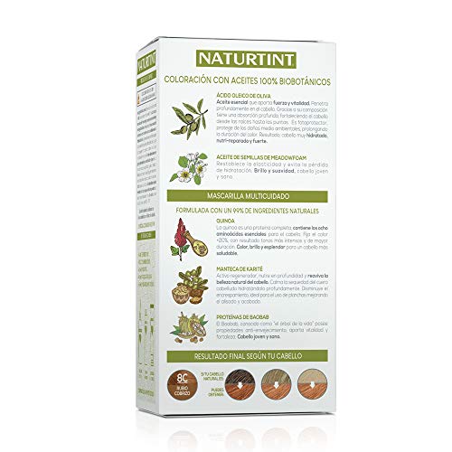 Naturtint Coloración 8C Rubio Cobrizo, 100% Cobertura de canas y Hidratación, Ingredientes Vegetales y Aceites 100% Biobotánicos, Color Natural y Duradero, Sin Amoniaco, Pack de 3.