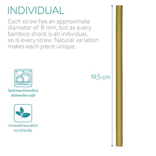 Navaris Pajitas de bambú Reutilizables - Set de 14 cañitas biodegradables para Beber con Cepillo de Limpieza y Bolsa de Lino - Ecológicas y sin BPA
