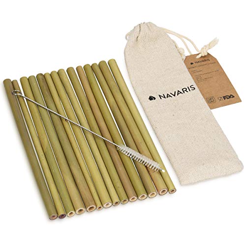 Navaris Pajitas de bambú Reutilizables - Set de 14 cañitas biodegradables para Beber con Cepillo de Limpieza y Bolsa de Lino - Ecológicas y sin BPA
