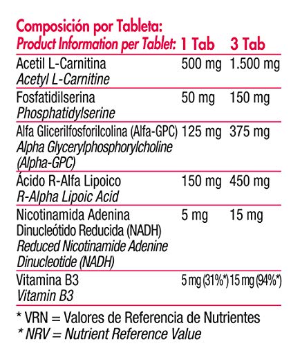 NeoEnergy | Suplemento con Acetil L-Carnitina, Fosfatidilserina, Alfa Glicerilfosforilcolina, Ácido R-Alfa Lipoico, NADH y Vitamina B3 | Ayuda a disminuir el cansancio y fatiga (90).