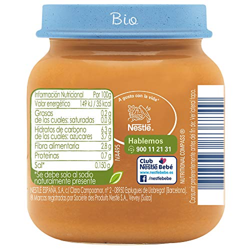 Nestlé Naturnes Bio Pure Tarrito Zanahoria Boniato Para Bebés Desde 4 Meses - Pack de 12 tarritos 125g