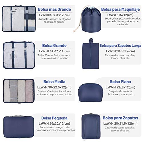 Newdora 8 en 1 Set de Organizador de Equipaje Viaje con Bolsa de Zapato,Impermeable Organizador de Maleta Bolsa para Ropa Sucia de Viaje, Portatrajes de Viaje, Material Nylon