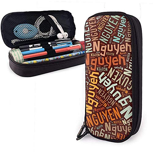 Nguyen - Apellido americano Estuche de cuero de alta capacidad Estuche de lápices Estuche de papelería Organizador Titular Colegio Marker Pen Bolso cosmético portátil