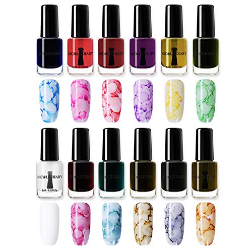 NICOLE DIARY Blossom Nail Polish Blossom Nail Varnish Watercolor Marble Nail Ink Gel Flower Nail Art Varnish DIY Design(6ml, 12 colors)