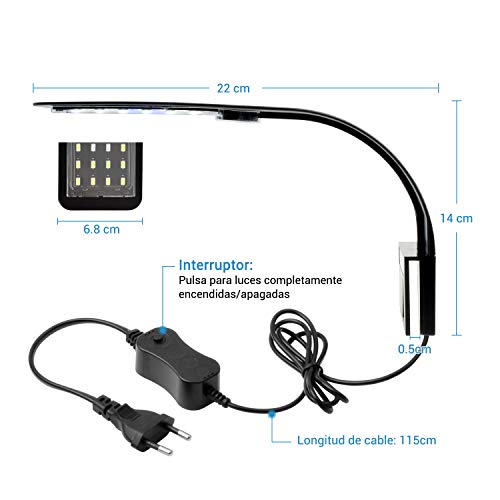 NICREW Luz LED Acuario, LED Acuario Delgada, LED Acuario de Pinza con Luz Azul y Blanco, 24 Leds Lámparas Acuario, 30-40 cm, 10W (Negro)