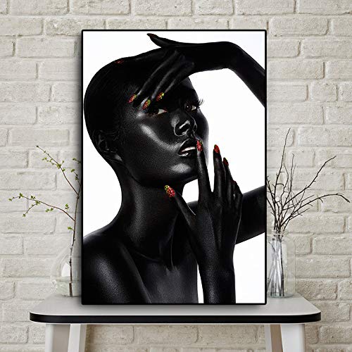 NIMCG Moda Mujer Africana Negra Lienzo Rojo Esmalte de uñas Pintura sobre Lienzo póster e Imprimir Imagen de Arte de Pared para Sala de Estar (sin Marco) A5 50x70CM