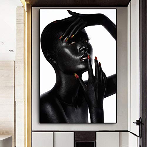 NIMCG Moda Mujer Africana Negra Lienzo Rojo Esmalte de uñas Pintura sobre Lienzo póster e Imprimir Imagen de Arte de Pared para Sala de Estar (sin Marco) A5 50x70CM