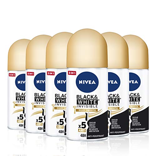 NIVEA Black & White Invisible Silky Smooth Roll-on en pack de 6 (6 x 50 ml), desodorante antitranspirante para una piel suave, desodorante roll on para proteger la ropa