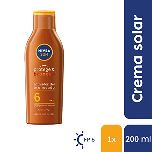NIVEA SUN Protege & Broncea Leche Solar Activadora del Bronceado FP6 (1 x 200 ml), potenciador del bronceado resistente al agua, protección solar baja