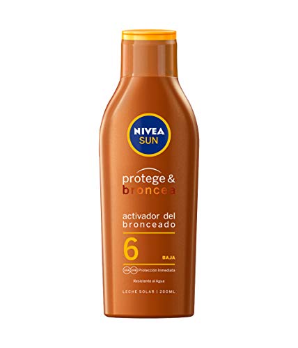 NIVEA SUN Protege & Broncea Leche Solar Activadora del Bronceado FP6 (1 x 200 ml), potenciador del bronceado resistente al agua, protección solar baja