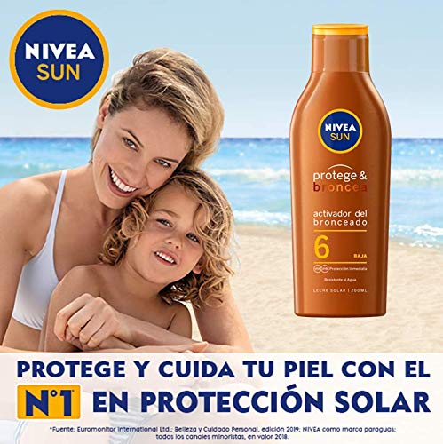 NIVEA SUN Protege & Broncea Leche Solar Activadora del Bronceado FP6 (1 x 200 ml), potenciador del bronceado resistente al agua, protección solar baja