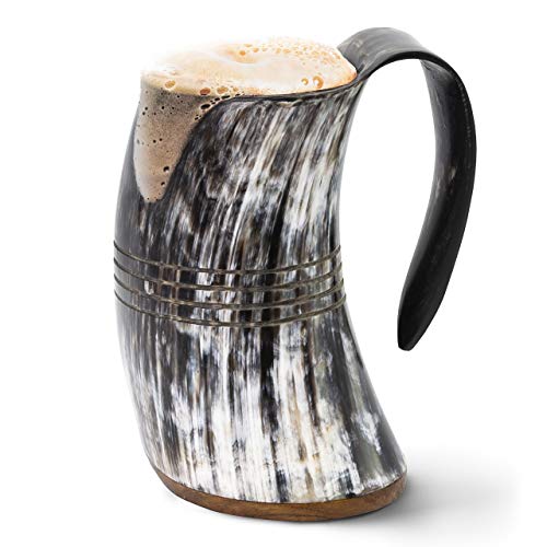 Norse Tradesman Jarra Vikinga de Cuerno Auténtico | Taza Cerveza de Cuerno con Base de Palisandro y Anillos Grabados |"El Eterno"