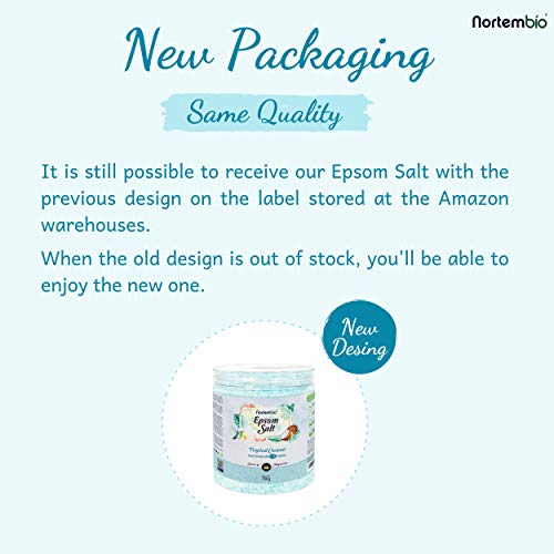 Nortembio Sal de Epsom 750 g. Novedosa Fragancia de Coco Tropical. Hidratada con Vitamina C y E. Sales de Baño y Cuidado Personal. E-Book incluido.