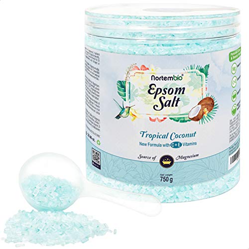 Nortembio Sal de Epsom 750 g. Novedosa Fragancia de Coco Tropical. Hidratada con Vitamina C y E. Sales de Baño y Cuidado Personal. E-Book incluido.