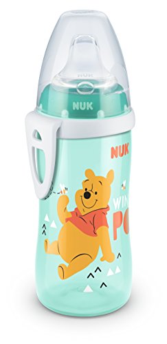 NUK 300 Active Cup Disney Winnie - Botella de 300 ml con boquilla de silicona suave, a partir de 12 meses, antigoteo, sin bisfenol A, tapa con clip verde verde