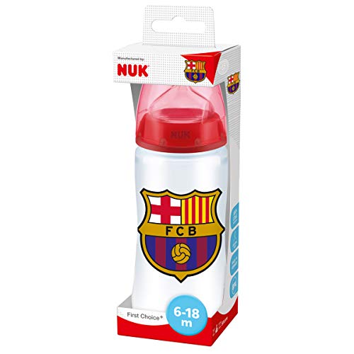NUK First Choice Biberón + del Barça de Silicona. Biberón Anticólicos. Producto Oficial, Color Blanco y Rojo, 6 a 18 Meses, 300 ml