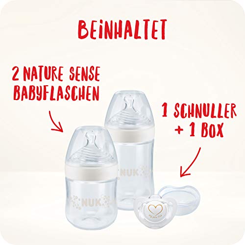 NUK Nature Sense kit de biberones de iniciación, 0-18 meses, 2 biberones anticólico y chupete Genius, Sin BPA, Gris y blanco, 4 unidades