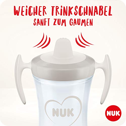 NUK Trainer Cup vaso antiderrame bebe, Boquilla Blanda A Prueba De Fugas, 6 Meses, Sin Bpa, 230 Ml, Gris Y Blanco, 1 Unidad